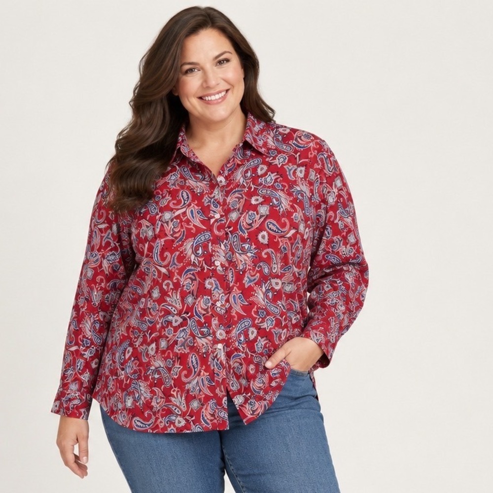 Talbots Woman Red Paisley Cotton Button Down Shirt 2X Roll-Cuff Red Blue Pink